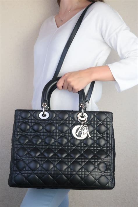 christian dior lambskin stitched large lady dior black|dior black cannage handbags.